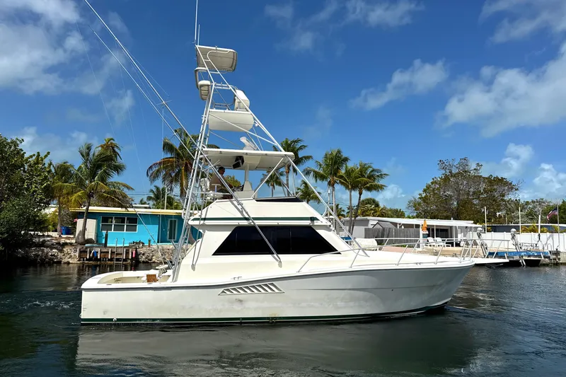 Slide: The Image of 1990 Viking 38 Convertible yacht docked, clear sky, palm trees in background. - 2