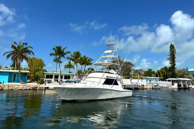 Slide: The Image of 1990 Viking 38 Convertible yacht on a sunny day, docked near palm trees and waterfront homes. - 3