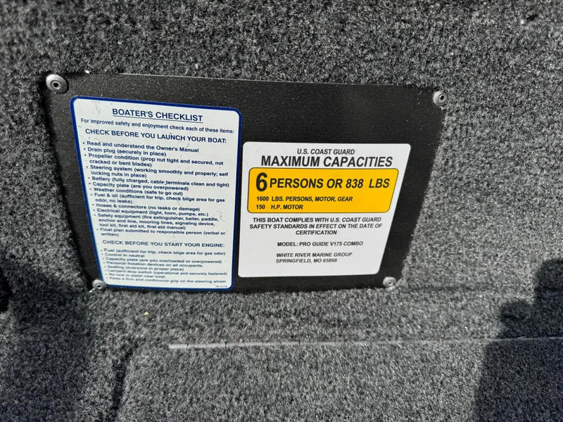 Slide: The Image of 2025 Tracker Pro Guide V-175 Combo capacity label, 6 persons or 838 lbs, safety checklist included. - 7
