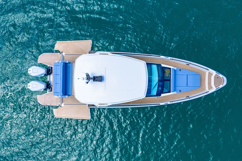 Slide: The Image of Aerial view of Saxdor 320 GTO yacht on water, model year 2026. - 49