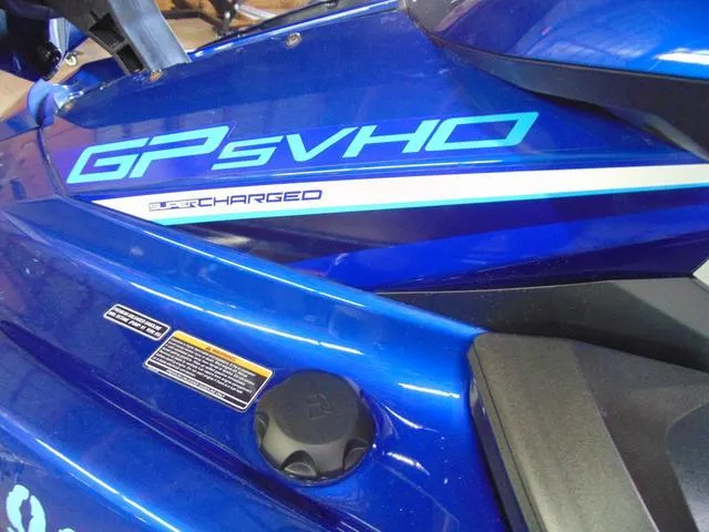 Slide: The Image of 2024 Yamaha Waverunner GP SVHO with Audio, blue, supercharged, close-up view. - 11