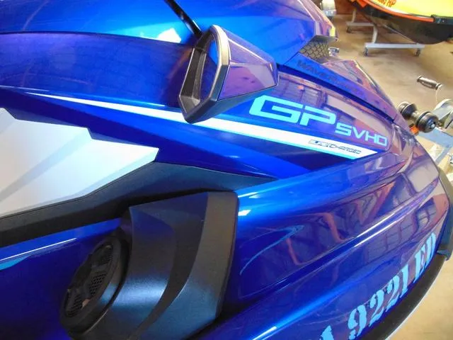 Slide: The Image of 2024 Yamaha Waverunner GP SVHO with Audio, blue exterior, close-up view. - 4
