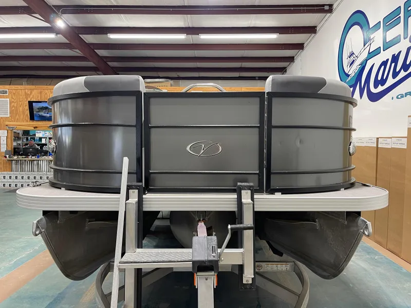 Slide: The Image of 2021 Veranda VR22RC pontoon boat in showroom, rear view. - 6
