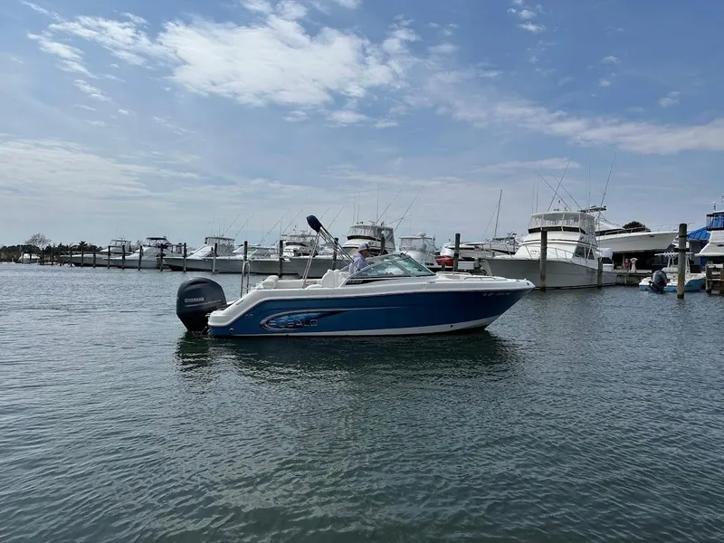 Slide: The Image of 2014 Robalo R227 boat docked in marina, calm water, clear sky. - 8