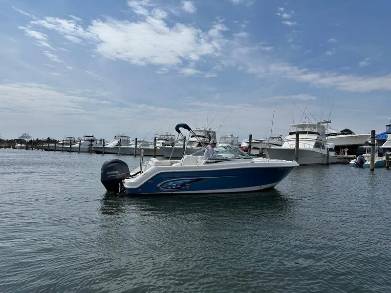 Slide: The Image of 2014 Robalo R227 boat on calm water near a marina under a partly cloudy sky. - 9