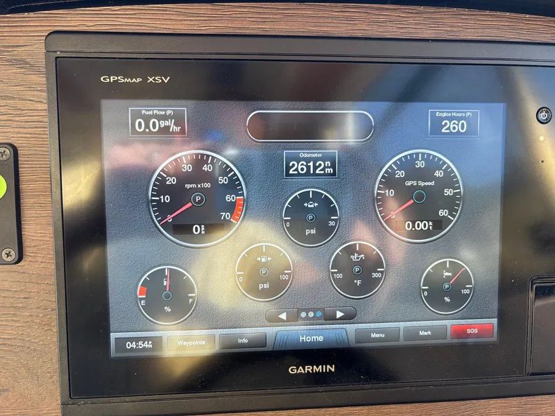 Slide: The Image of Garmin GPSMap XSV display on 2019 Cutwater C-242 Coupe showing engine metrics and fuel consumption. - 9