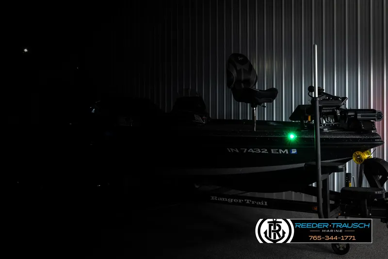 Slide: The Image of 2023 Ranger Z 521R boat in dim lighting, showcasing sleek design and Reeder-Trausch Marine branding. - 3