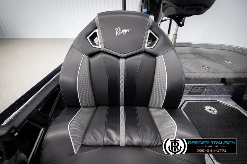 Slide: The Image of 2023 Ranger Z 521R boat seat with sleek black and gray design. - 41