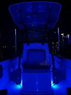 Slide: The Image of 2024 Sea Born LX24 Center Console boat illuminated with blue LED lights at night. - 12