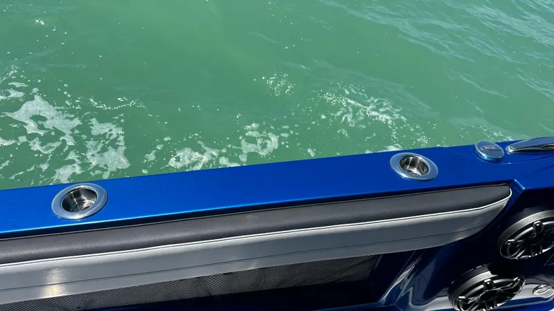 Slide: The Image of 2020 Nor-Tech 390 Sport boat railing with ocean view. - 32