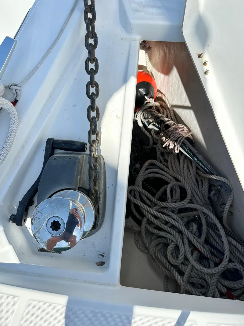 Slide: The Image of Anchor chain and ropes on a 2012 Beneteau Oceanis 41 sailboat deck. - 12