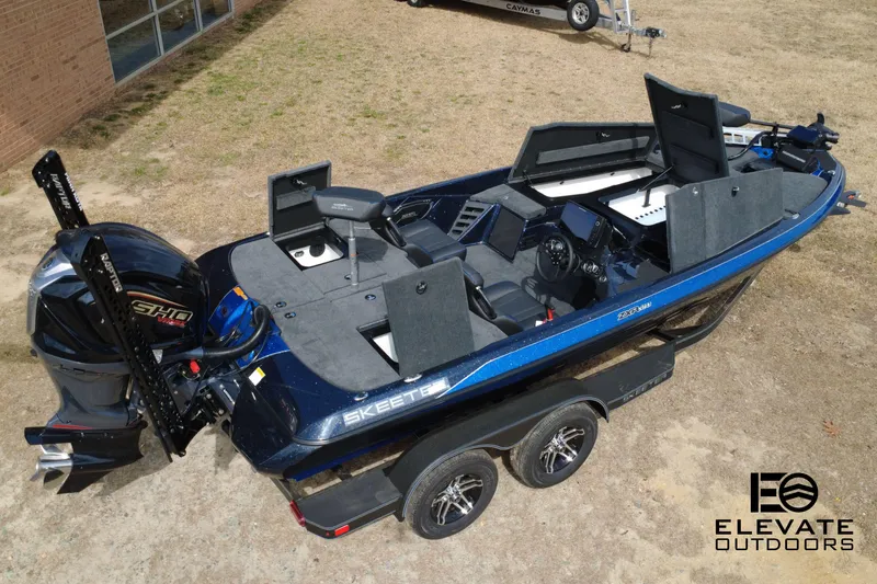Slide: The Image of 2025 Skeeter ZXR 20 fishing boat with dual console and powerful outboard motor. - 3