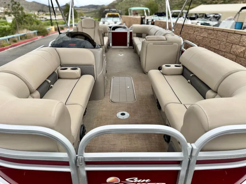 Slide: The Image of 2021 Sun Tracker Party Barge 22 DLX XP3 with spacious seating and modern design. - 7