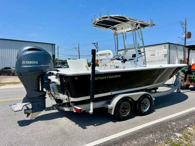 Slide: The Image of 2013 Sportsman Masters 227 Bay Boat on trailer with Yamaha outboard motor. - 4