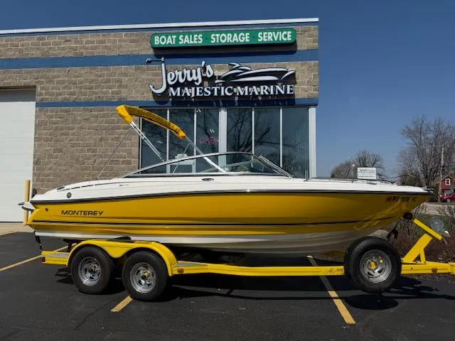 Slide: The Image of Yellow 2008 Monterey 194FS boat on trailer at Jerry's Majestic Marine dealership. - 0