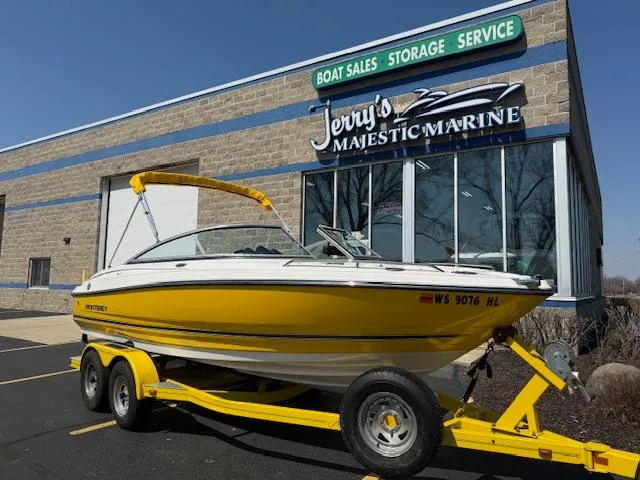 Slide: The Image of Yellow 2008 Monterey 194FS boat on trailer at Jerry's Majestic Marine dealership. - 1