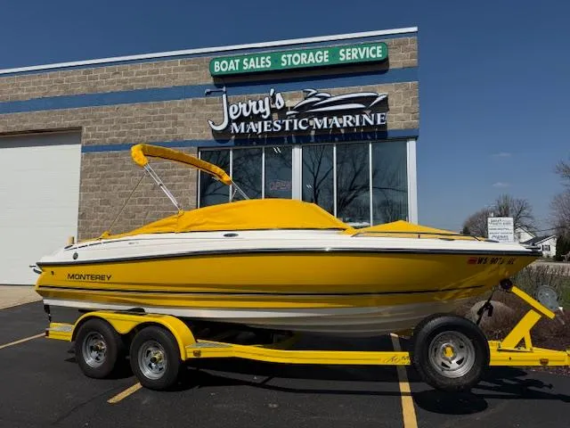 Slide: The Image of 2008 Monterey 194FS boat with yellow cover on trailer at Jerry's Majestic Marine. - 39