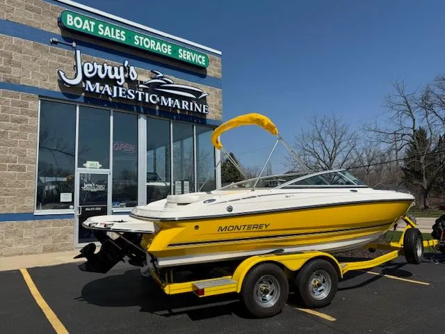 Slide: The Image of Yellow 2008 Monterey 194FS boat on trailer at Jerry's Majestic Marine dealership. - 4