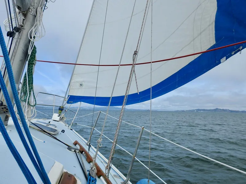 Slide: The Image of 1985 Catalina 30 sailboat on open water with sails unfurled. - 31