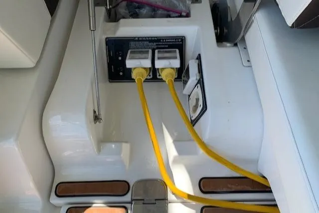 Slide: The Image of Power connections on a 2017 Monterey 378 SE boat with yellow cables. - 11