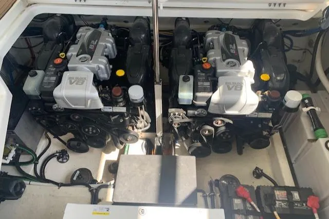 Slide: The Image of Engine compartment of a 2017 Monterey 378 SE boat with dual V8 engines. - 41