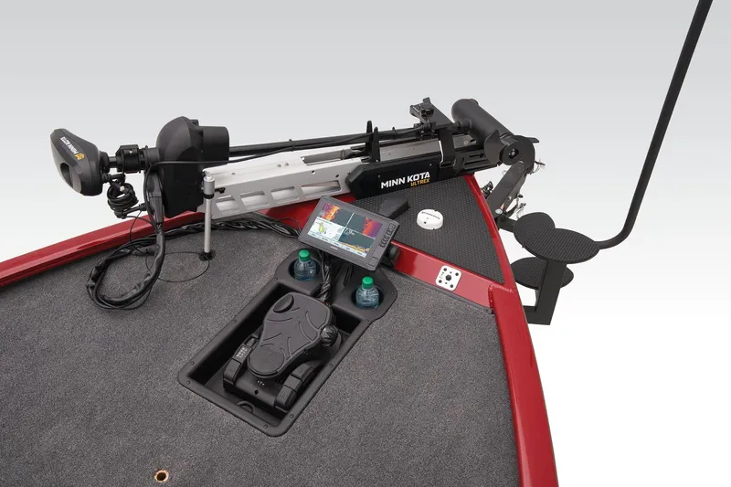 Slide: The Image of 2025 Tracker Savage 215 boat with Minn Kota trolling motor and control panel. - 21