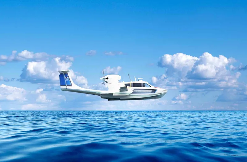 The Image of Futuristic Aron M 80 seaplane flying over ocean, clear blue sky, 2025 model. - 0