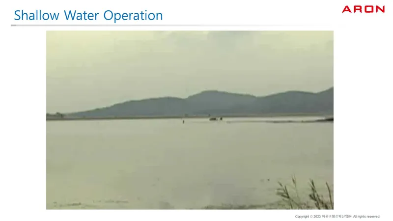 Slide: The Image of Shallow water operation with distant hills, featuring Aron M 80, 2025 model. - 32