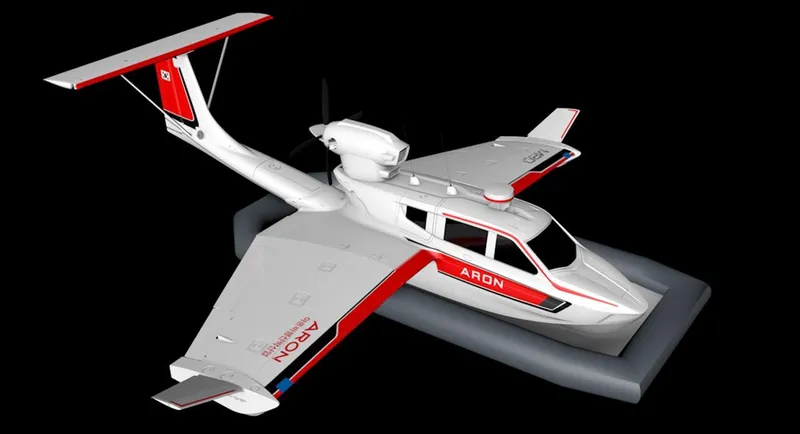Slide: The Image of Futuristic Aron M 80 seaplane, 2025 model, with sleek design and red accents. - 8