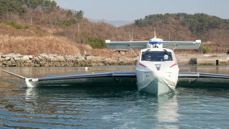 Slide: The Image of Futuristic Aron M 80 seaplane flying over ocean, clear blue sky, 2025 model. - 6