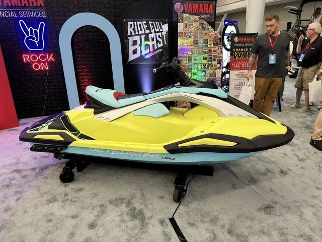 Slide: The Image of 2025 Yamaha WaveRunner JetBlaster Pro 3-Up displayed at an indoor event. - 10