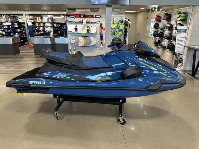 Slide: The Image of 2025 Yamaha Waverunner VX Cruiser HO in showroom, blue color, side view. - 2