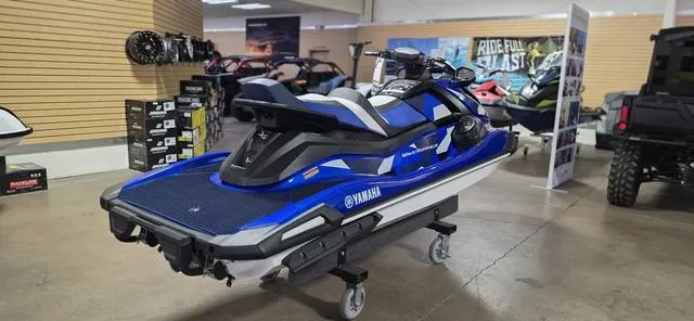 Slide: The Image of 2024 Yamaha Waverunner VX Cruiser HO with Audio, blue, displayed in showroom. - 4