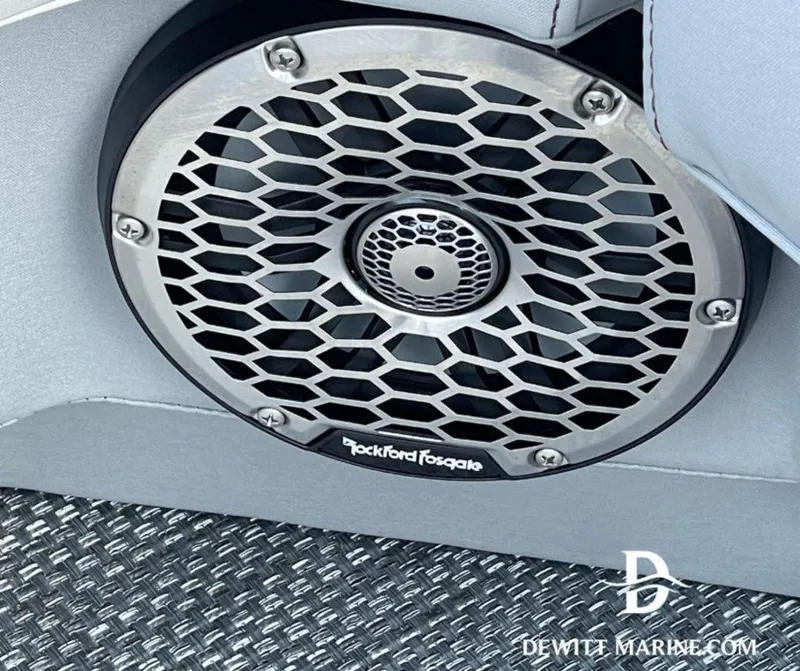 Slide: The Image of Rockford Fosgate speaker on 2023 Bennington Marine 25RFBST boat, featuring hexagonal grille design. - 8
