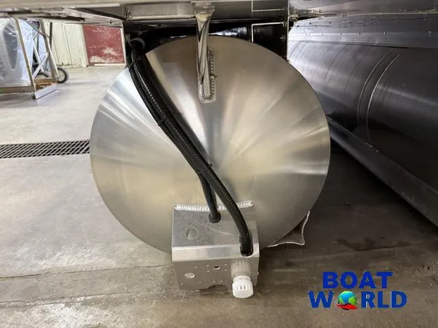 Slide: The Image of 2025 Tahoe Sport 2385 Tritoon underside view with Boat World logo. - 38