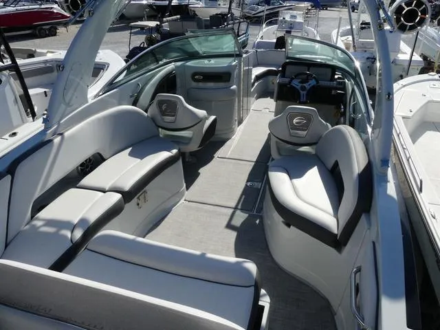 Slide: The Image of 2023 Crownline 290 XSS boat interior with modern seating and sleek design. - 6