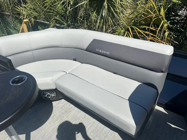 Slide: The Image of 2024 Viaggio V 20 U boat interior with sleek gray seating and modern design. - 10