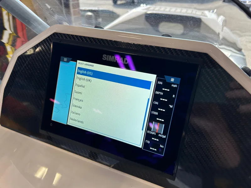 Slide: The Image of Simrad display on 2024 Highfield Classic 420 boat, showing language selection menu. - 6