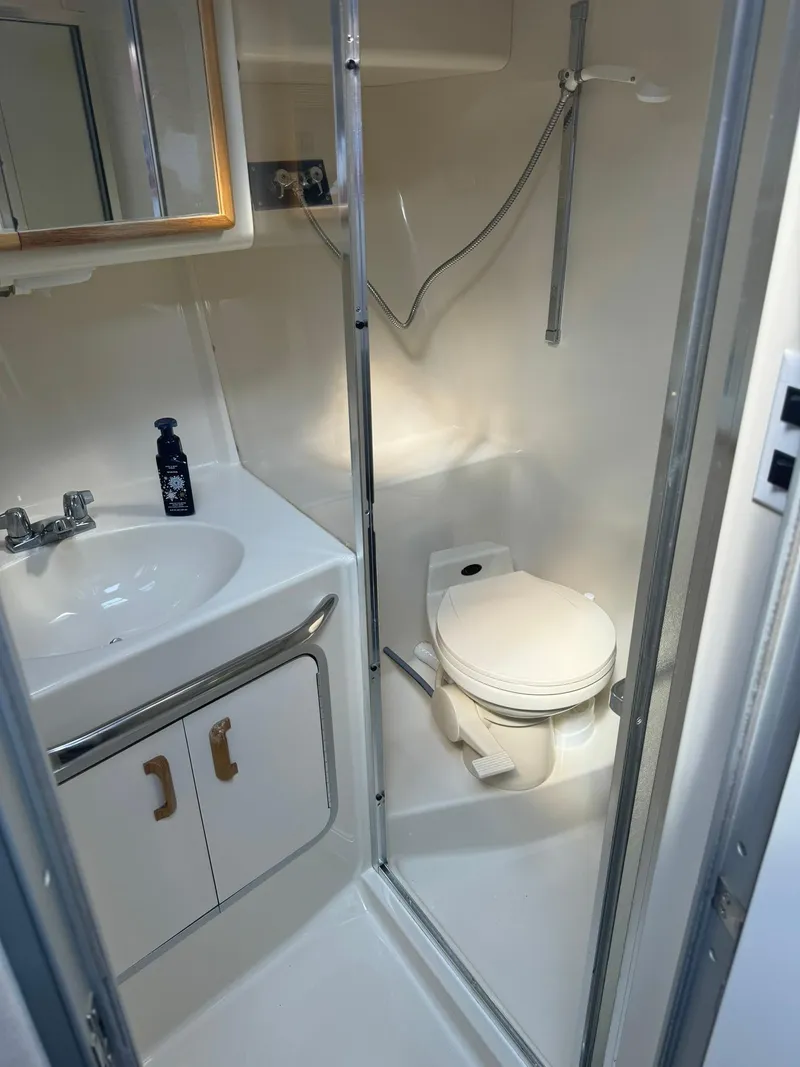 Slide: The Image of 1993 Sea Ray 370 Sundancer bathroom with sink, toilet, and shower. - 12