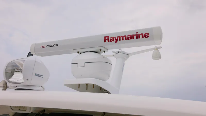 Slide: The Image of Raymarine radar on 2018 Boston Whaler 380 Outrage boat, featuring advanced navigation technology. - 4