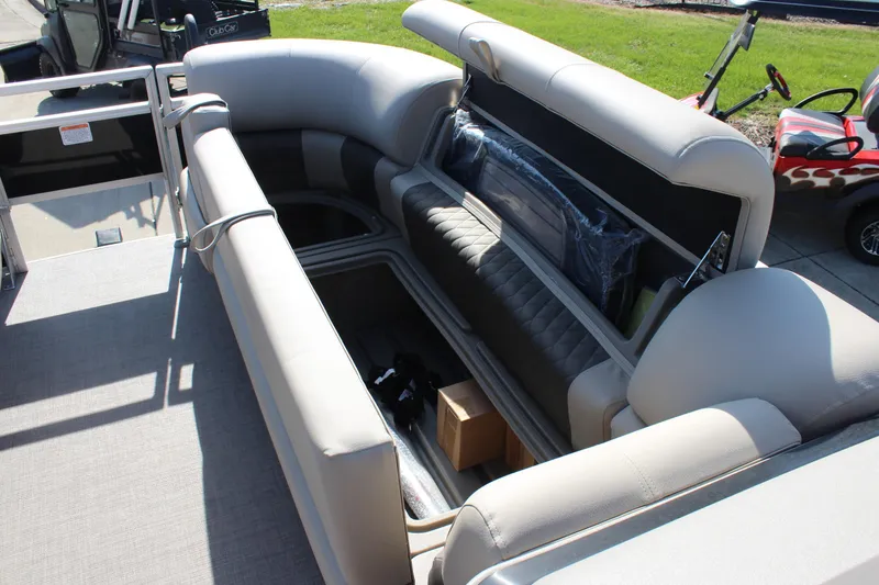 Slide: The Image of 2025 Sun Tracker SportFish 20 DLX pontoon boat interior with spacious seating and storage. - 10