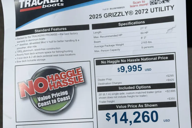 Slide: The Image of 2025 Tracker GRIZZLY 2072 Utility boat pricing and specifications sheet. - 3
