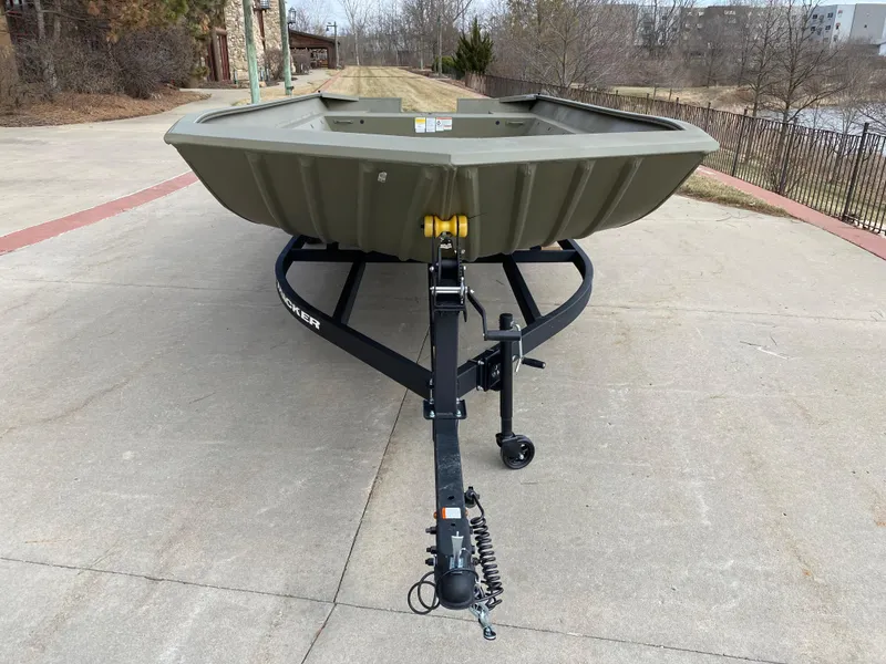 Slide: The Image of 2025 Tracker GRIZZLY 2072 Utility boat, top view, olive green, spacious interior. - 2