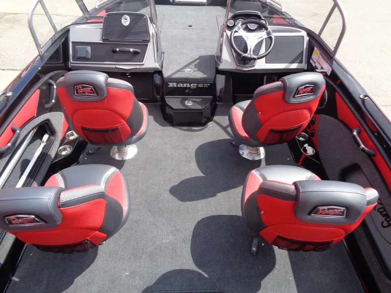 Slide: The Image of Interior of 2025 Ranger 1880MS boat with red and black seating. - 7