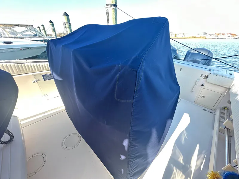Slide: The Image of 2008 Grady-White Bimini 306 boat interior with blue cover, docked by the water. - 41
