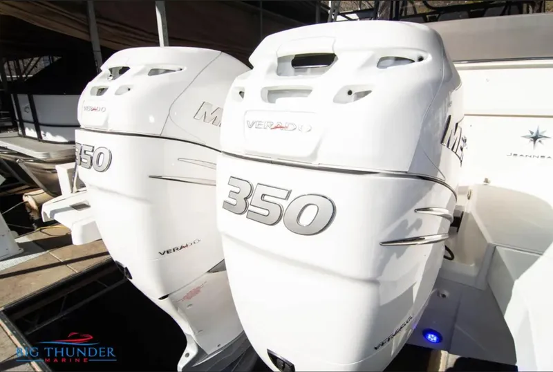 Slide: The Image of Twin Mercury Verado 350 engines on a 2020 Jeanneau Leader 10.5 boat. - 8