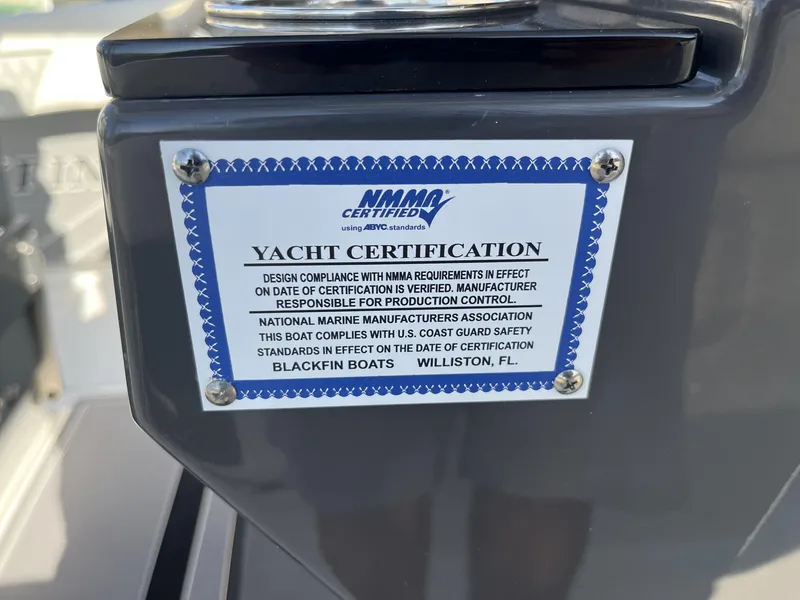 Slide: The Image of 2023 Blackfin 272 yacht certification plaque, NMMA compliance, Williston, FL. - 34