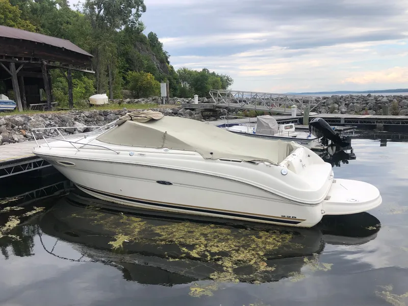 The Image of 2001 Sea Ray 225 Weekender boat docked in a serene marina setting. - 1