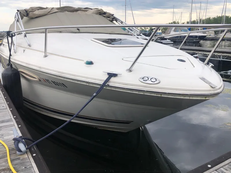 Slide: The Image of 2001 Sea Ray 225 Weekender boat docked at marina, featuring sleek design and covered seating area. - 3