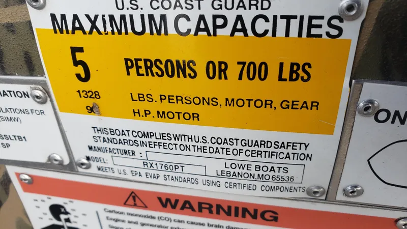 Slide: The Image of Boat capacity label for Lowe RTX1760PT, 2021 model, max 5 persons or 700 lbs. - 4